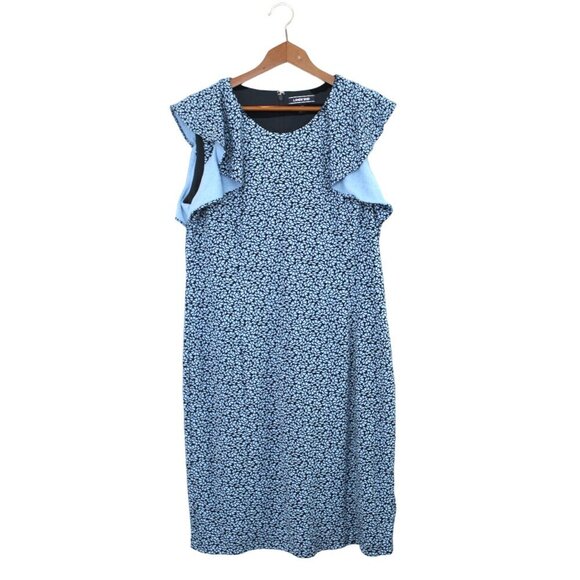 Lands' End Floral Dress Stretch Ruffle Sleeve Ditsy Flower Zip Back Stretch Blue - Picture 4 of 11